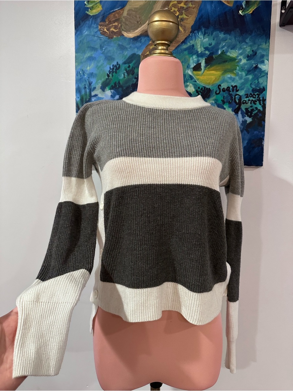 Maison Jules Gray, White & Charcoal Striped Side-Button Crewneck Sweater